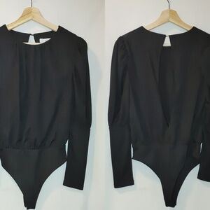 NSR Black Ribbed Long Sleeve Puff Shoulder‎ Open Back Bodysuit Small S
